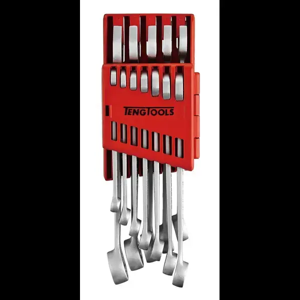 Teng Tools-12Pcs Combination Spanner 8-19Mm In Plastic Rack-8512A: Off Set At 15° For Easier Use On Flat Surfaces;Tengtools Hip Grip Design On The Ring And Open End For Contact With The Flat Side Of The Fastening;Tengtools Anti Slip Design On The Open End To Give A Much Better Grip With Less Risk Of Damaging The Fastening;Supplied In A Holder That Can Be Used For Storage Or For Mounting On A Wall