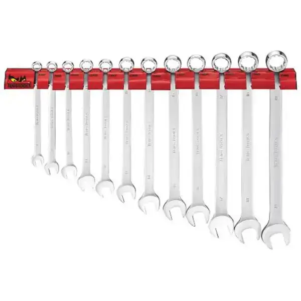 Teng Tools-12 Pc Extra Long Mm Spanners On Wall Rack-Wrsp12Lmp: Extra Long For Increased Torque;Off Set At 15° For Easier Use On Flat Surfaces;Tengtools Hip Grip Design For Contact With The Flat Side Of The Fastening;Supplied With A Wall Rack For Fixing To The Wall Or A Workbench;Designed And Manufactured To Din3113A
