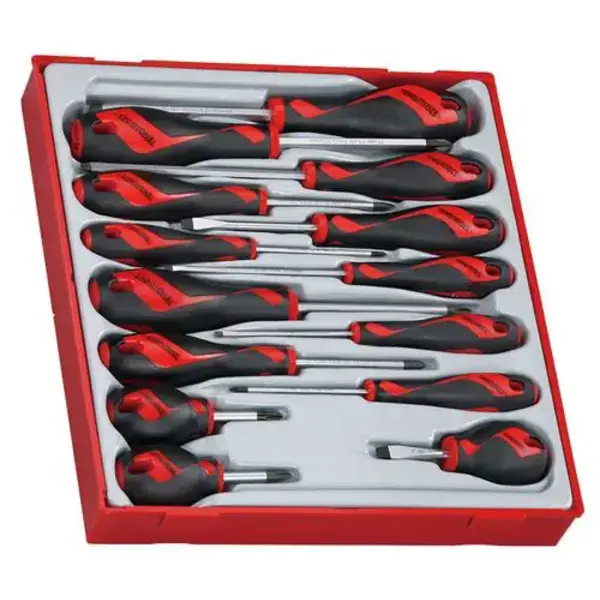 TENG TOOLS-14 Pc Screwdriver Set Tc-Tray-TTD914N Teng Tools-14 Pc Screwdriver Set Tc-Tray-Ttd914N: Tt-Mv Plus Steel Alloy For Greater Strength And Material Flexibilty;Ergonomically Designed Bi-Material Handle For Easy Use With Higher Torque;Hanging Hole In The Handle For Use As A T Handle Or With A Fall Protection Wire;The Handle Is Moulded Around The Blade To Give A Higher Torque Capacity;Organised In A Tool Tray Module Size 2 (Tt2)