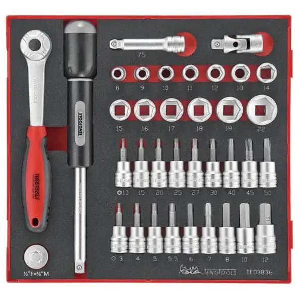 Teng Tools-Teng - 3/8" Dr. 36Pc Metric Socket Set-Ted3836: 3/8" Drive Regular Length Sockets;A Range Of 3/8" Drive Bits Sockets Covering Hex And Tx Sizes ;Tools Are Held In Place Using Three Colour Pre-Cut High-Density Eva Foam Clearly Showing Where Each Tool Belongs ;Designed And Manufactured To Din And Iso Standards;Organised In A Foam Inlay Module Size 2 (Foam2)