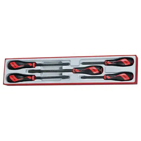 TENG TOOLS-5 Pc Power Thru Screwdriver Set Tc-Tray-TTXMDTN Teng Tools-5 Pc Power Thru Screwdriver Set Tc-Tray-Ttxmdtn: Chrome Vanadium Blades For Greater Strength And Material Flexibilty;Percussion Cap And Full Length Integral Blade For Use With A Hammer To Release Stubborn Screws;Ergonomically Designed Bi-Material Handle For Easy Use With Higher Torque And Faster Speed;The Handle Is Moulded Around The Blade To Ensure Straightness And To Allow Larger Blade Wings Which Give A Higher Torque Capacity;Organised In A Tool Tray Module Size X4 (Ttx4)