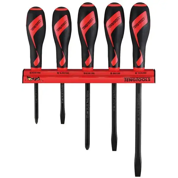 Teng Tools-5 Pc Power Thru Screwdriver Set Wall Rack-Wrmdt05N: Chrome Vanadium Blades For Greater Strength;Percussion Cap And Full Length Integral Blade For Use With A Hammer;Ergonomically Designed Bi-Material Handle For Easy Use With Higher Torque;The Handle Is Moulded Around The Blade To Ensure Straightness;Supplied With A Wall Rack For Fixing To The Wall Or A Workbench