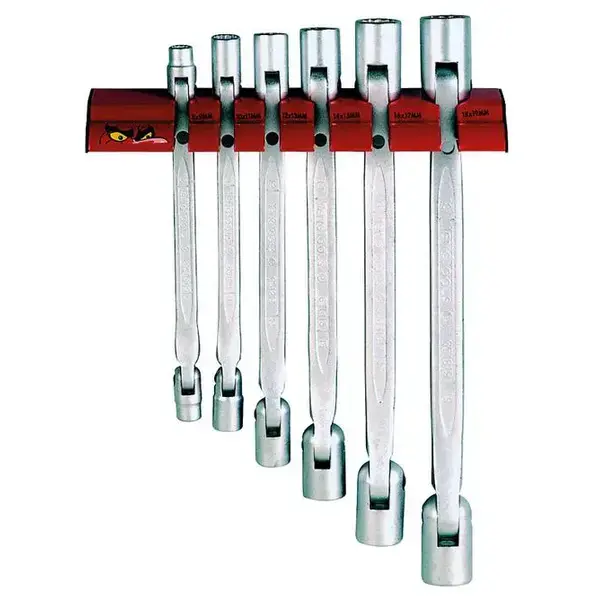 Teng Tools-6 Pc Double Flex Wrench Set On Wall Rack-Wrdf06: Swivel End Wrenches For Fast Pre-Tightening And Loosening;Angle At 90° For Added Torque When Applying The Final Tightening;Extra Torque For Loosening Stubborn Fastenings;Chrome Vanadium Satin Finish;Supplied With A Wall Rack For Fixing To The Wall Or A Workbench