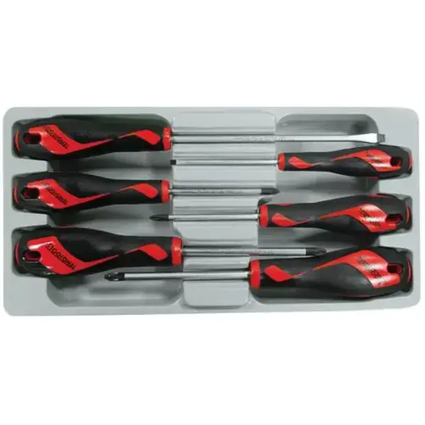 TENG TOOLS-6 Pc Screwdriver Set-MD906N3 Teng Tools-6 Pc Screwdriver Set-Md906N3: Tt-Mv Plus Steel Alloy For Greater Strength And Material Flexibilty;Ergonomically Designed Bi-Material Handle For Easy Use With Higher Torque And Faster Speed;Hole In The Handle For Hanging Or For Use As A T Handle For Extra Torque Or With A Fall Protection Wire If Needed ;The Handle Is Moulded Around The Blade To Ensure Straightness And To Allow Larger Blade Wings Which Give A Higher Torque Capacity;Supplied In A Full Colour Display Box With Ps Tray