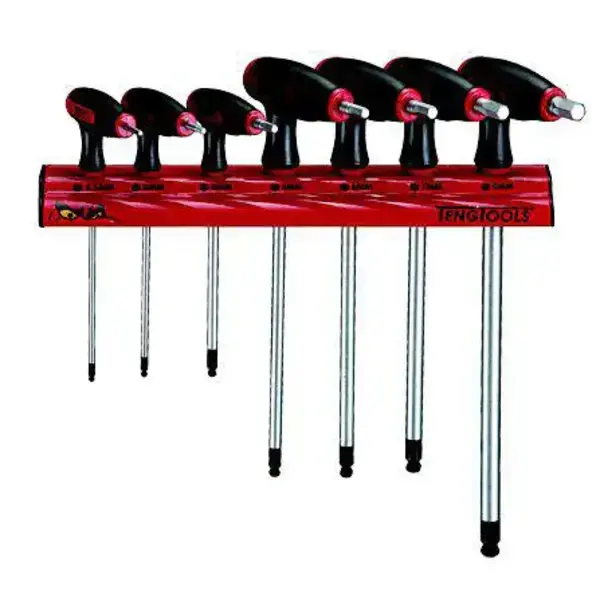 Teng Tools-7 Pc T Handle Ball Hex Drivers Wall Rack Af-Wrhex07Af: Ball Point End On The Long Key End Giving Access At Angles Of Up To 25°;Regular Hex End On The Short Arm To Apply Higher Torque To Stubborn Fastenings;Supplied With A Wall Rack For Fixing To The Wall Or A Workbench;Template And Fixings Included