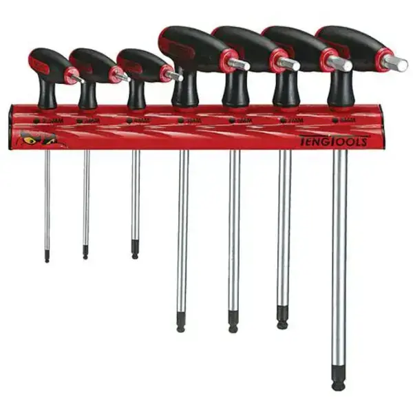 Teng Tools-7 Pc T Handle Ball Hex Drivers Wall Rack Metric-Wrhex07: Ball Point End On The Long Key End Giving Access At Angles Of Up To 25°;Regular Hex End On The Short Arm To Apply Higher Torque To Stubborn Fastenings;Supplied With A Wall Rack For Fixing To The Wall Or A Workbench