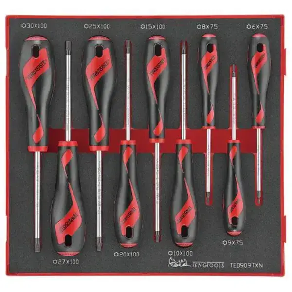 TENG TOOLS-Teng – 9Pc Tx Screwdriver Set-TED909TXN Teng Tools-Teng - 9Pc Tx Screwdriver Set-Ted909Txn: Tt-Mv Plus Steel Alloy For Greater Strength And Material Flexibilty;Ergonomically Designed Bi-Material Handle For Easy Use With Higher Torque;Hanging Hole In The Handle For Use As A T Handle Or With A Fall Protection Wire;The Handle Is Moulded Around The Blade To Give A Higher Torque Capacity;Tools Are Held In Place Using Three Colour Pre-Cut High-Density Eva Foam;Organised In A Foam Inlay Module Size 2 (Foam2)