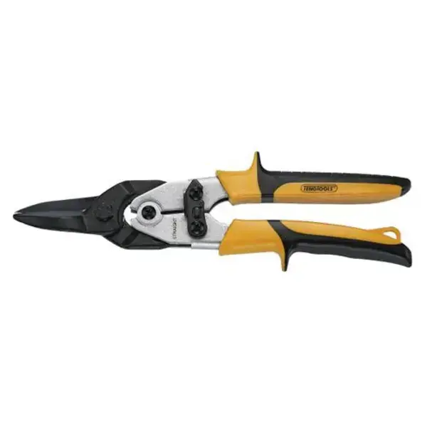 Teng Tools-Tin Snips Straight-490: Chrome Molybdenum Alloy Steel Drop Forged Cutting Blades;Cuts Up To 1.5Mm Steel Or 0.9Mm Stainless Steel;Spring Loaded High Leverage Handles For Increased Cutting Capacity;Safety Lock For Safe Storage;Bi-Material Grip For More Comfortable Use