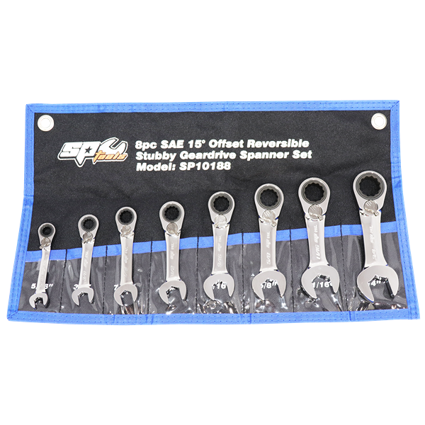 Sp Tools-Sp10188: 8Pc Sae Stubby 15° Offset Reversible Geardrive Spanner Set