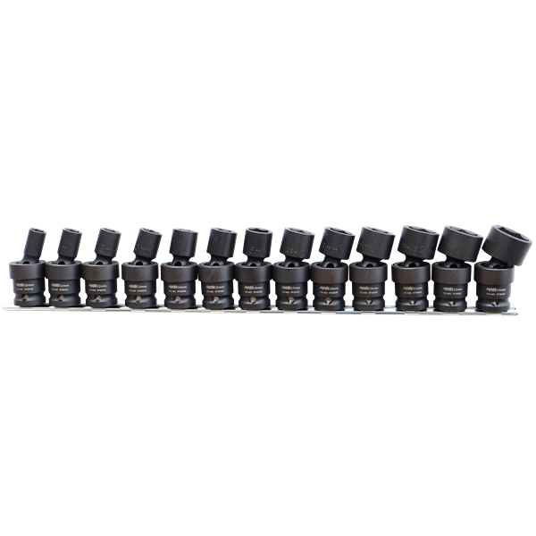 Sp Tools-Sp20356: Features: Flat Drive Technology Offers Maximum Contact And Grip Smooth Swivel Action With A 30° Flex And Makes These Impact Sockets Ideal For Working In Tight; Confined Areas Trade Tough - Suitable For Use With Pneumatic And Electric/Cordless Impact Wrenches Premium Quality; High Strength Chrome Molybdenum Steel (Cr-Mo) For Extreme Durability Manufactured To Din Standards Lifetime Warranty Set Includes: 10; 11; 12; 13; 14; 15; 16; 17; 18; 19; 21; 22 & 24Mm Swivel Impact Sockets 1 X Socket Rail