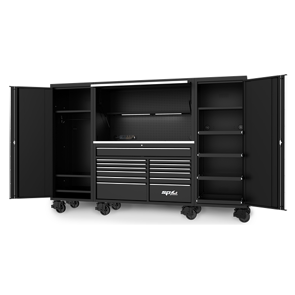 Sp Tools-Sp44790: Double Wall Super Duty Construction All Usa Sumo Series Boxes Use 1.5Mm (14.5Ga) Steel Construction As Standard. ThatS More Steel Than Like For Like Competitors Extra Height  Technicians Seem To Be Getting Taller Every Generation. Sp Tools Has Stepped It Up And Increased The Head Clearance Height On Our Usa Sumo Series Hutches. We Have Set The New Clearance At 1855Mm (61). On-Board Power  Charge And Store All Your Cordless Tools; Lighting; And Diagnostic Equipment. Sp Tools Has Created A Unique On-Board Magnetic Attachment System So You Can Move And Use Your Power Where Ever You Need. Super Duty Casters  All Usa Sumo Series Storage System Use The Unique Spring-Loaded Super Duty Caster. Each Caster Is Capable Of Supporting 400Kg.Sp Max Bbs Drawer Slides  The Drawer Slides In The New Usa Sumo Series Have Lifted Us To A New Level Of Capacity Over And Above Our Existing Bbs. They Are Rated At 60Kg Per Drawer And 120Kg Per Drawer On The Wider And Deeper Drawers Sp One-Touch Cliklok  The New Drawer Retention System Has An Easy One Touch Single Handed Release And Open Function. The Perfect Combination To Keep The Drawers Securely Closed; But Easy To Open Uv Powder Coating  The Usa Sumo Series Uses The Latest Technology In Ultraviolet (Uv) Powder Coating. We Have Combined The Advantages Of Thermosetting Powder Coatings With Those Of Liquid Ultraviolet Cure Coating Technologies.