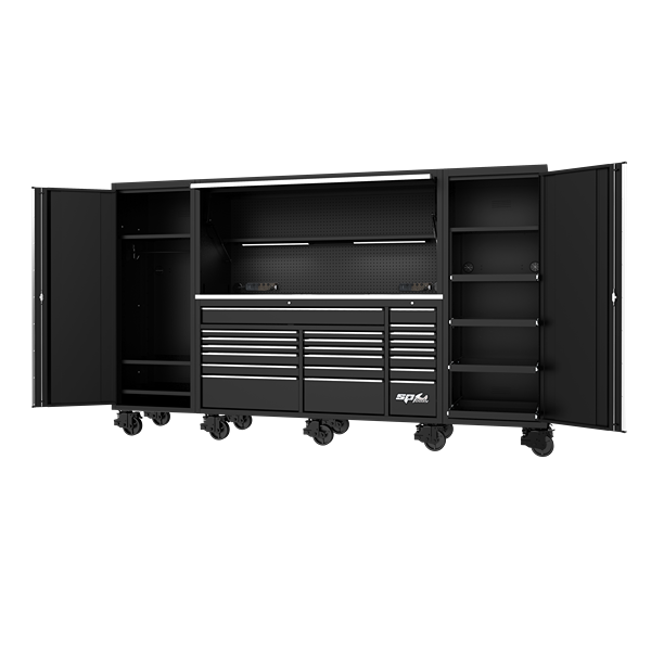 Sp Tools-Sp44890: Full Set Up Dimensions: 2866W X 622D X 1752H (1954H With Castors) Side Cabinet - Clothes Rail & 3 Fixed Shelves Power Top Hutch - Shelf/Light /Pegboard Workshop Roller Cabinet Side Cabinet - 4 Roller Shelves & 1 Fixed