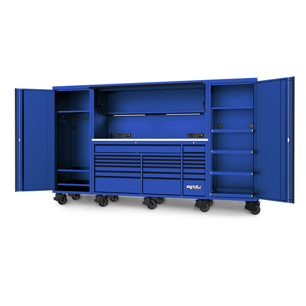 Sp Tools-Sp44890Bl: Full Set Up Dimensions: 2866W X 622D X 1752H (1954H With Castors) Side Cabinet - Clothes Rail & 3 Fixed Shelves Power Top Hutch - Shelf/Light /Pegboard Workshop Roller Cabinet Side Cabinet - 4 Roller Shelves & 1 Fixed