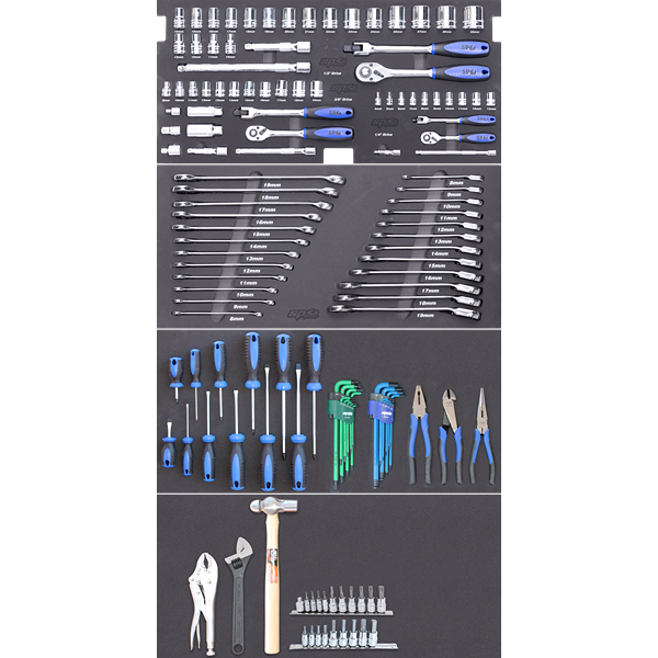 Sp Tools-Sp50029:  All Sockets; Socket Accessories And Ring Open End Spanners Come In Hi-Density Foam Tool Storage System (Eva).  Chrome Vanadium Steel For High Durability.  Flat Drive Technology To Maximize Grip.  High Polish Finishes To Provide Easy Clean-Up. 1/4Dr Sockets & Accessories