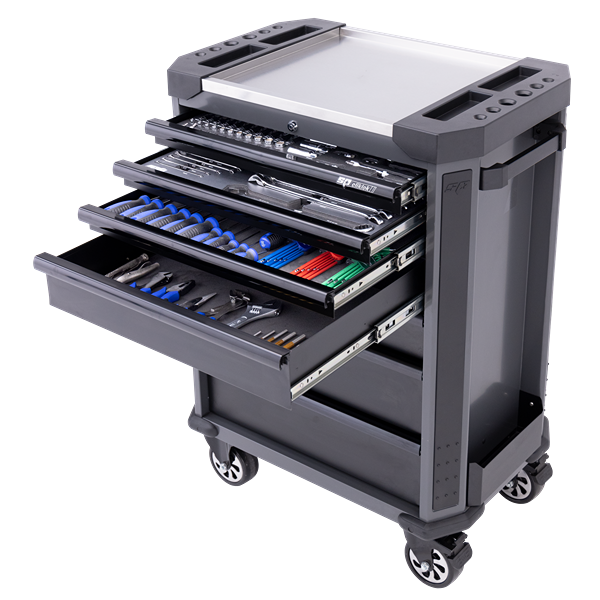 Sp Tools-Sp52525D: Professional Starter Technician'S Tool Kit The New Range Of Sp Technicians Tool Kits Have Been Developed In Conjunction With Many Car Manufactures To Enable You To Service Todays Modern Cars. Sockets: 1/4 & 3/8Dr Short; Deep; E-Torx; Hex; Torx & Accessories. Spanners: 6-24Mm Roe; 10-22Mm Flare Nut; E-Torx E6-E20; D/Ring Brake Bleeder. Tools: Adjustable Wrench; Hammer; Pliers; Screwdrivers; Hex Keys; Tape Measure; Pick Set; Pin Punch Set; Bit Set; Ear Plugs; Safety Glasses; Filter Wrench; Razor Scraper; Feeler Gauge Tech Series 7 Drawer Tool Box: · Soft Drawer Close & Cliklok.· Stainless Steel Work Top