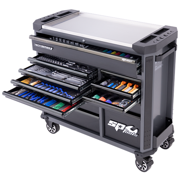 Sp Tools-Sp52635D: 386Pc Drawer Roller Cabinet With Soft Drawer Close & Cliklok. Sockets: 1/4 & 3/8Dr Short; Deep; E-Torx; Hex; Torx & Accessories. 1/2Dr Short Chrome; Deep Impact; Wheel Nut Sockets & Accessories. Spanners: 6-24Mm Roe; 10-22Mm; Flare Nut; E-Torx E6-E20; D/Ring Brake Bleeder. Tools: Adjustable Wrench; Hammer; Pliers; Screwdrivers; Hex Keys; Tape Measure; Pick Set; Pin Punch Set; Bit Set; Ear Plugs; Safety Glasses; Filter Wrench; Razor Scraper; Feeler Gauge; Inspection Mirror; Magnetic Pick-Up; Trim Removal; Air Duster; Multimeter; Light; Gloves; Parts Tray; Circuit Tester.