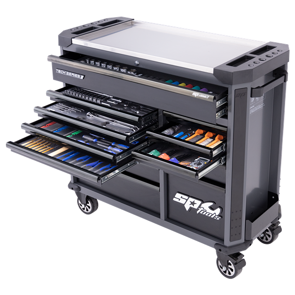 Sp Tools-Sp52635Dx: 386Pc Drawer Roller Cabinet With Soft Drawer Close & Cliklok. Sockets: 1/4 & 3/8Dr Short; Deep; E-Torx; Hex; Torx & Accessories. 1/2Dr Short Chrome; Deep Impact; Wheel Nut Sockets & Accessories. Spanners: 6-24Mm Roe; 10-22Mm; Flare Nut; E-Torx E6-E20; D/Ring Brake Bleeder. Tools: Adjustable Wrench; Hammer; Pliers; Screwdrivers; Hex Keys; Tape Measure; Pick Set; Pin Punch Set; Bit Set; Ear Plugs; Safety Glasses; Filter Wrench; Razor Scraper; Feeler Gauge; Inspection Mirror; Magnetic Pick-Up; Trim Removal; Air Duster; Multimeter; Light; Gloves; Parts Tray; Circuit Tester.