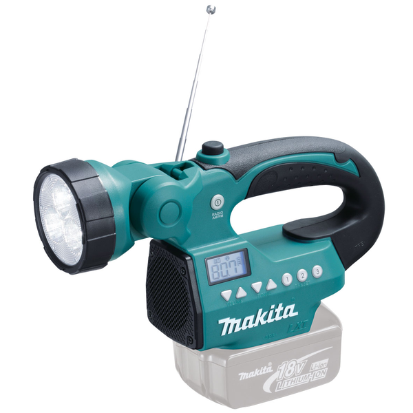 MAKITA-14.4/18V Flashlight Radio Li-Ion-DMR050 Makita-14.4/18V Flashlight Radio Li-Ion-Dmr050: Large Size Front Speaker Produces High Quality Sound6 Position Pivoting Light Head 180Lm Of Brightness With 2.0W* Speaker Lcd Digital Displaypush Button Controls