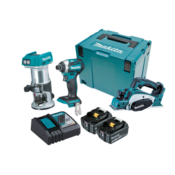 MAKITA-18V Brushless 3 Piece Combo Kit (L)-DLX3098TJ Makita-18V Brushless 3 Piece Combo Kit (L)-Dlx3098Tj: Dtd154Z - 18V Mobile Brushless 4-Mode Impact Driver Drt50Z - 18V Mobile Brushless Laminate Trimmer Dkp180Z -18V Mobile 82Mm Planer 2X Bl1850B - 18V Li-Ion 5.0Ah Battery Dc18Rc - Active 3 Li-Ion Charger Makpac Case