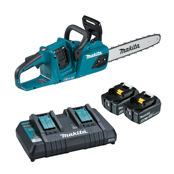 Makita-18V X 2 Bless Chainsaw Li-Ion (L)-Duc355Pt2: Includes 2X 5.0Ah Batteries And Same Time Dual Port Rapid Charger Captive Bar Nuts For Solid Bar Retention Variable Speed Trigger 18Vx2 Brushless Motor Provides Chain Speed Of 1