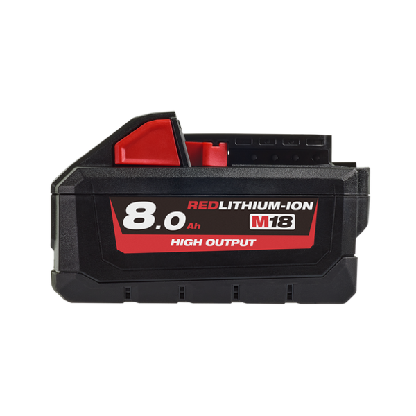 MILWAUKEE-(M18HB8) MILWAUKEE-(M18HB8): Our M18 Redlithium High Output 8.0Ah Battery Provides You With 50% More Power And Runs 50% Cooler Than Our Other M18 Redlithium Battery Packs. The Optimised Combination Of Smaller Size And Increased Power Of The 18-Volt Battery Provides You With A Great Solution For The Entire Range Of M18 Products. The Lithium-Ion Battery Runs Substantially Cooler Through Heavy Applications