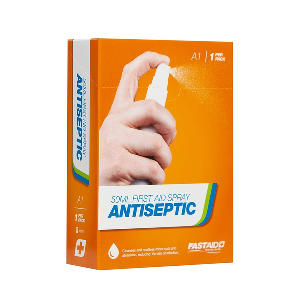 "Fastaid-A1: A1 Antiseptic First Aid Spray 50Ml; Fastaid'S Antiseptic First Aid Spray Is Formulated To Cleanse And Soothe Minor Cuts And Abrasions, Reducing The Risk Of Infection. Contains 1 X 50Ml Pump Spray Bottle For Easy Application To The Desired Area. Packed In Fastaid'S Unique Colour Coded Retail Packaging, Complete With Easy-To-Open Box Perforation. Also Compatible As A Refill For Fastaid'S Easy-Refill™️ First Aid Kits."