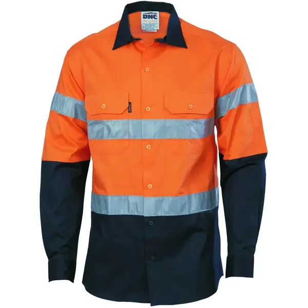 DNC WORKWEAR-353645273: HiVis 2Tone Drill Shirt RT Long Sleeve Orange/Navy 8XL