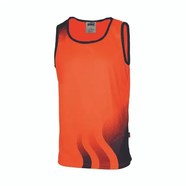 DNC WORKWEAR-356145271: Hivis Sublimated Wave Singlet Orange/Navy 6XL