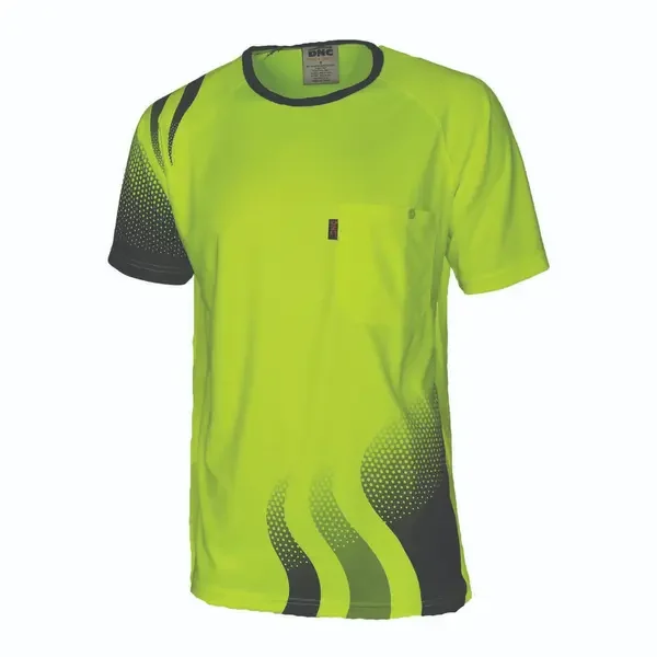 DNC WORKWEAR-356235771: Hivis Sublimated Wave T-Shirt Yellow/Navy 6XL