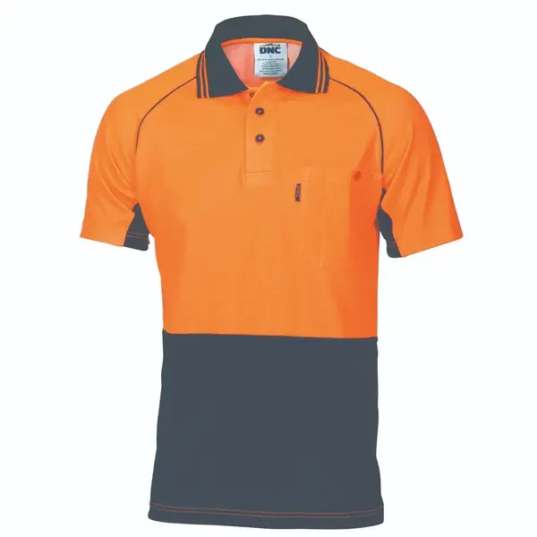 DNC WORKWEAR-371945270: Hivs Ctn Backed Air-F Polo Short Sleeve Orange/Navy 5XL
