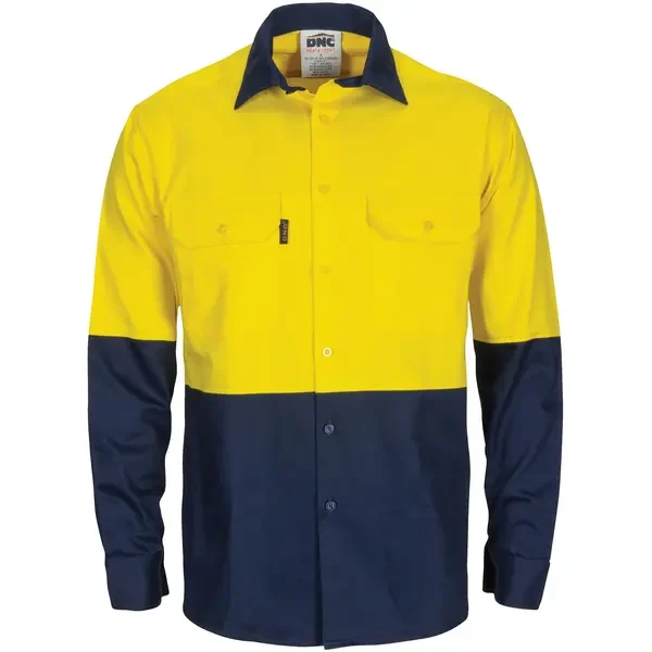 DNC WORKWEAR-373335771: HiVis Lightweight CTN Gusset Long Sleeve Yellow/Navy 6XL