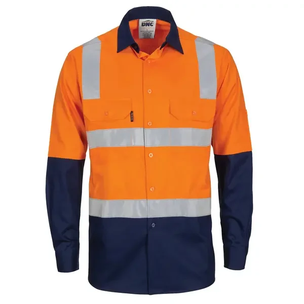 DNC WORKWEAR-374745271: HiVis Lightweight CTN Shirt G-Tape Long Sleeve Orange/Navy 6XL