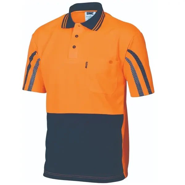 DNC WORKWEAR-375245270: Micro Mesh Polo Screen Print Orange/Navy 5XL