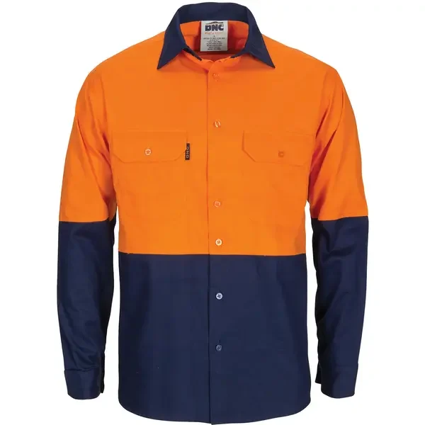 DNC WORKWEAR-378145271: HiVis R/W CTN Shirt Gusset Long Sleeve Orange/Navy 6XL