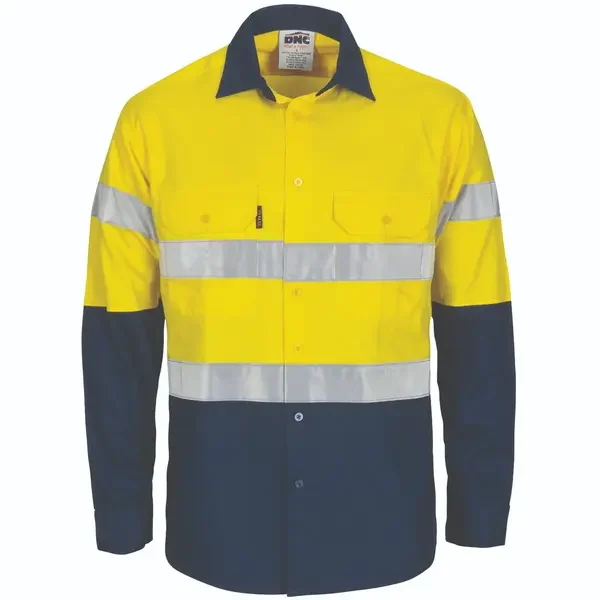 DNC WORKWEAR-378235771: HiVis R/W CTN Shirt G-Tape Long Sleeve Yellow/Navy 6XL