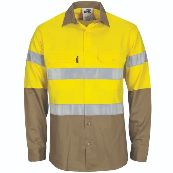 DNC WORKWEAR-378436371: HiVis Lightweight CTN Gusset Shirt GT Long Sleeve Yellow/Khaki 6XL