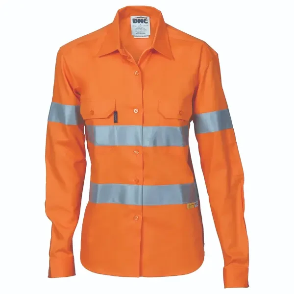 DNC WORKWEAR-378545024: Ladies Cotton Shirt 3MTape Long Sleeve Orange 24