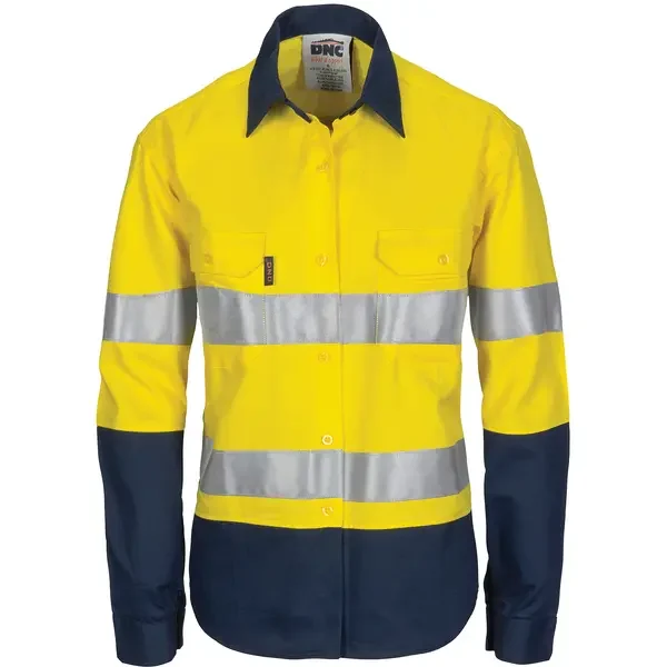 DNC WORKWEAR-378635724: Ladies Hivs Lightweight Shirt GTape Long Sleeve Yellow/Navy 24