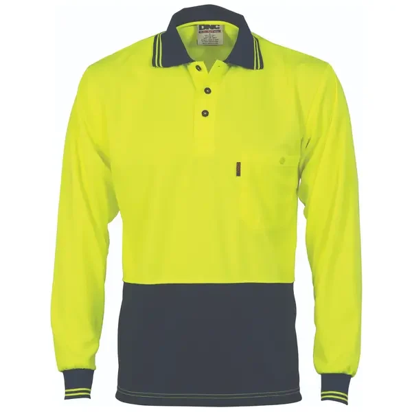 DNC WORKWEAR-381335772: HiVis Polo Micro Long Sleeve Yellow/Navy 7XL