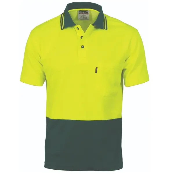 DNC WORKWEAR-381435672: Polyester Cotton HiVis Polo Short Sleeve Yellow/Bottle Green 7XL