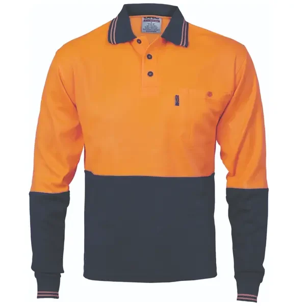 DNC WORKWEAR-381645272: Polyester Cotton HiVis Polo Long Sleeve Orange/Navy 7XL