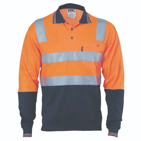 DNC WORKWEAR-381845270: Cotton Back Polo with Tape Long Sleeve Orange/Navy 5XL