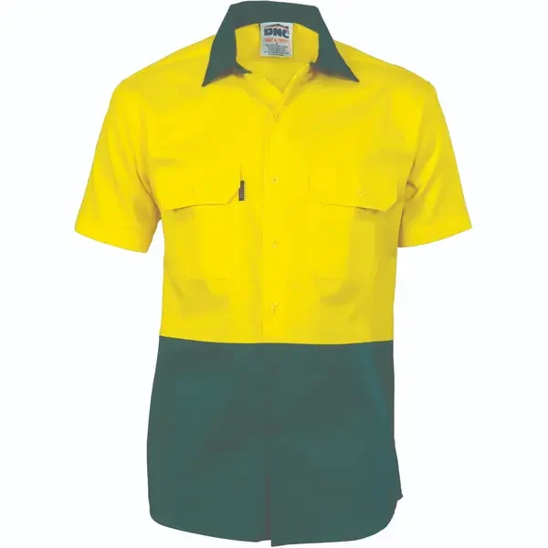 DNC WORKWEAR-383135670: Two Tone HiVis Cd Shirt Short Sleeve Yellow/Bottle Green 5XL