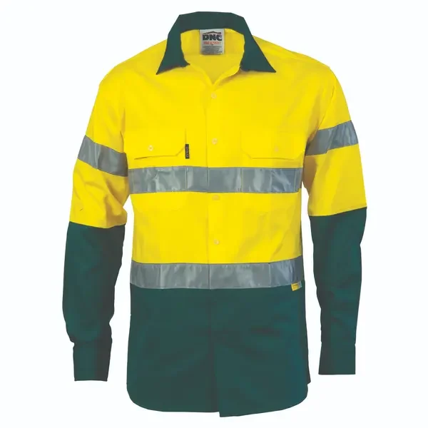 DNC WORKWEAR-383635670: Two Tone HiVis Cd with Tape Long Sleeve Yellow/Bottle Green 5XL