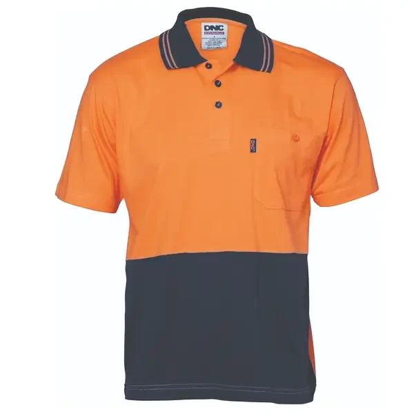 DNC WORKWEAR-384545271: HiVis Cotton Jersey Polo Short Sleeve Orange/Navy 6XL