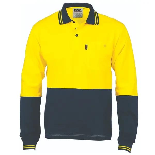 DNC WORKWEAR-384635771: HiVis Cotton Jersey Polo Long Sleeve Yellow/Navy 6XL