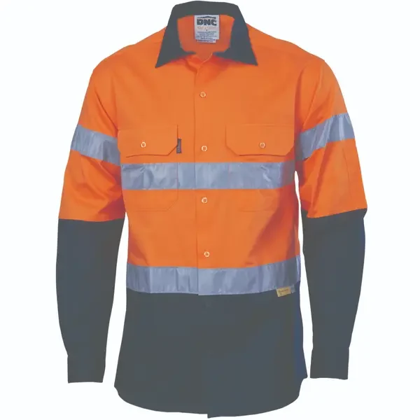 DNC WORKWEAR-388645270: 2 Tone Lightweight Cott Shirt Tape Long Sleeve Orange/Navy 5XL