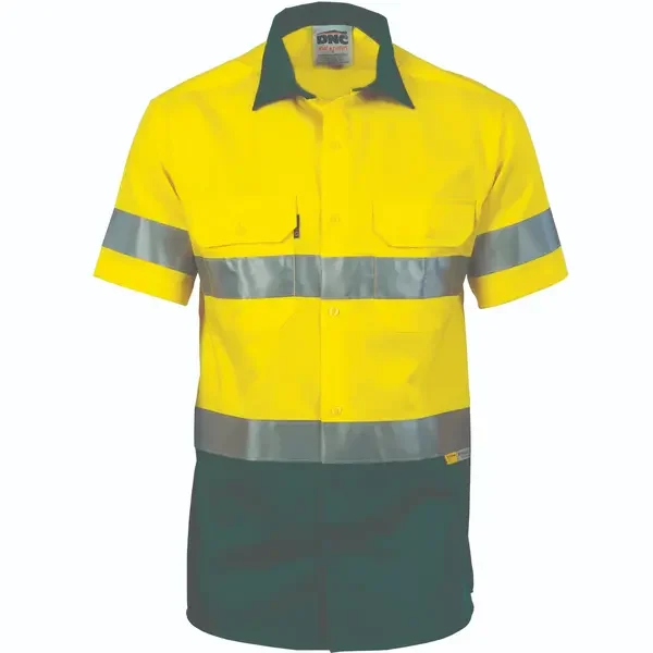DNC WORKWEAR-388735671: 2 Tone Lightweight Cott Shirt Tape Short Sleeve Yellow/Bottle Green 6XL