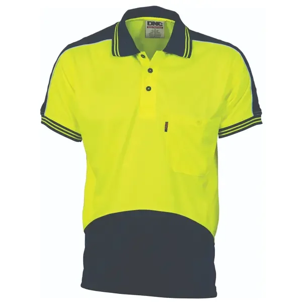 DNC WORKWEAR-389135770: HiVis Micromesh Panel Polo Short Sleeve Yellow/Navy 5XL
