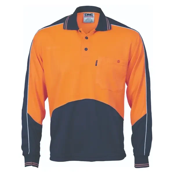 DNC WORKWEAR-389245270: HiVis Micromesh Panel Polo Long Sleeve Orange/Navy 5XL